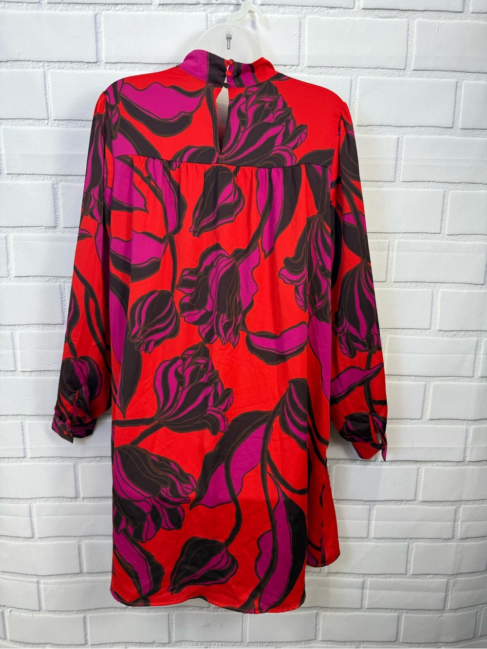 Who What Wear Floral Mock Neck Shift Dress Size L Red Pink Long Sleeve Pockets - Picture 8 of 12